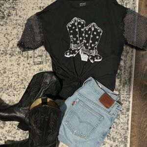 Social Scene Western Boots Shirt With Beads Embellished Sleeves Grey